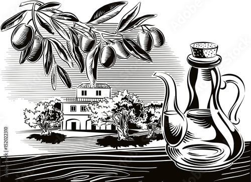 Sprig of a cruet with olive oil and olive oil.