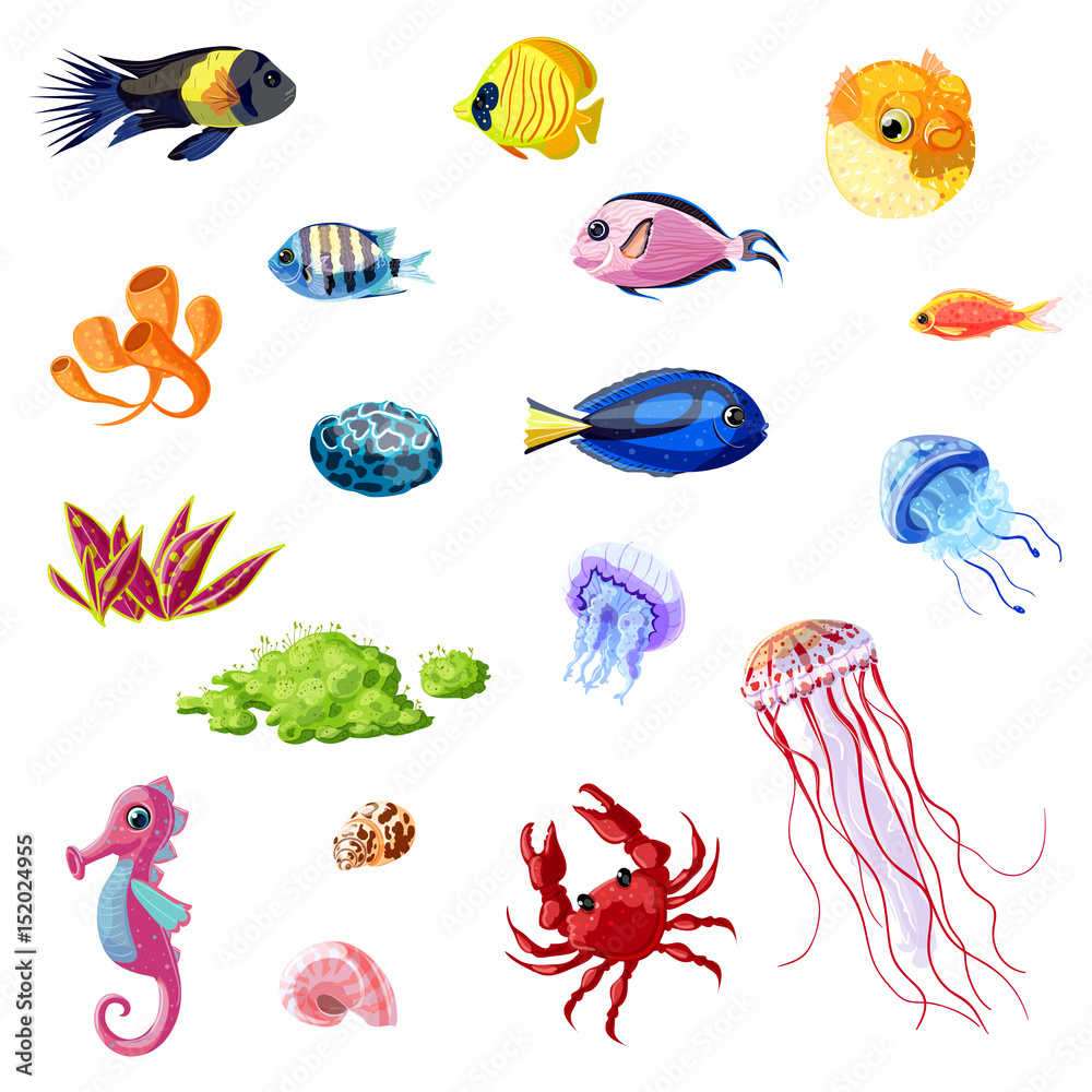 Obraz premium Cartoon Colorful Sea Life Set