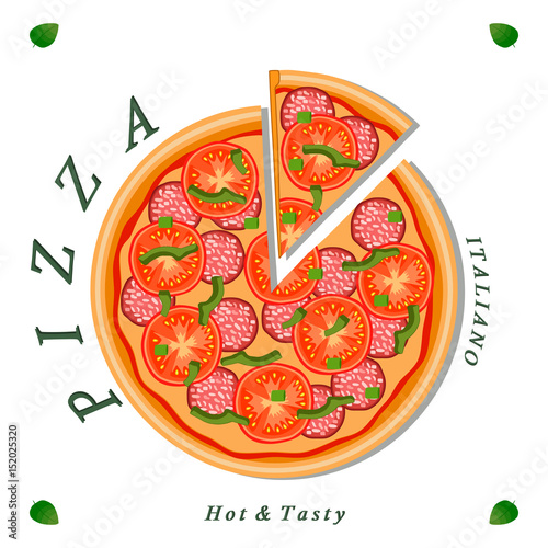 Vector logo illustration for pizzeria menu,sliced triangle,whole hot pizza.Pizza on the wood board,the ingredients for the pizzas on the chalkboard,Italian flag on background,delivery in cardboard box