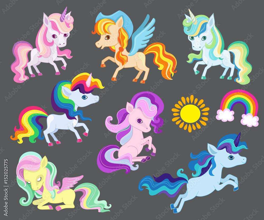 Illustration of groupe very nice rainbow unicorns. Vector illustration isolated on gray background. Illustration of groupe very nice rainbow unicorns. Vector illustration isolated on gray background.