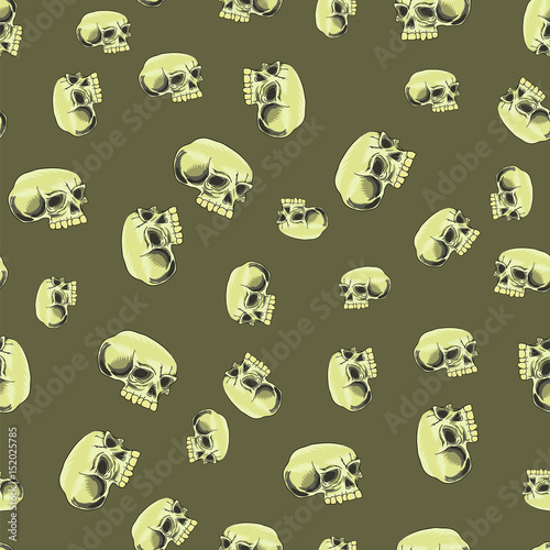 Old Human Skull Seamless Pattern on Brown Background