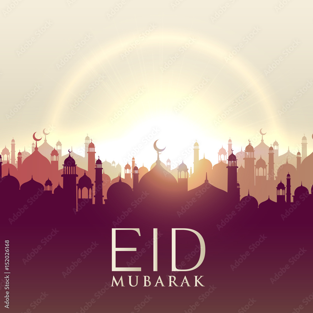 eid mubarak card with mosque silhouttes