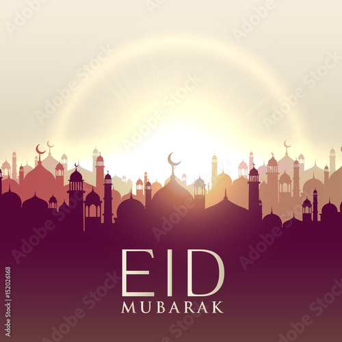 eid mubarak card with mosque silhouttes