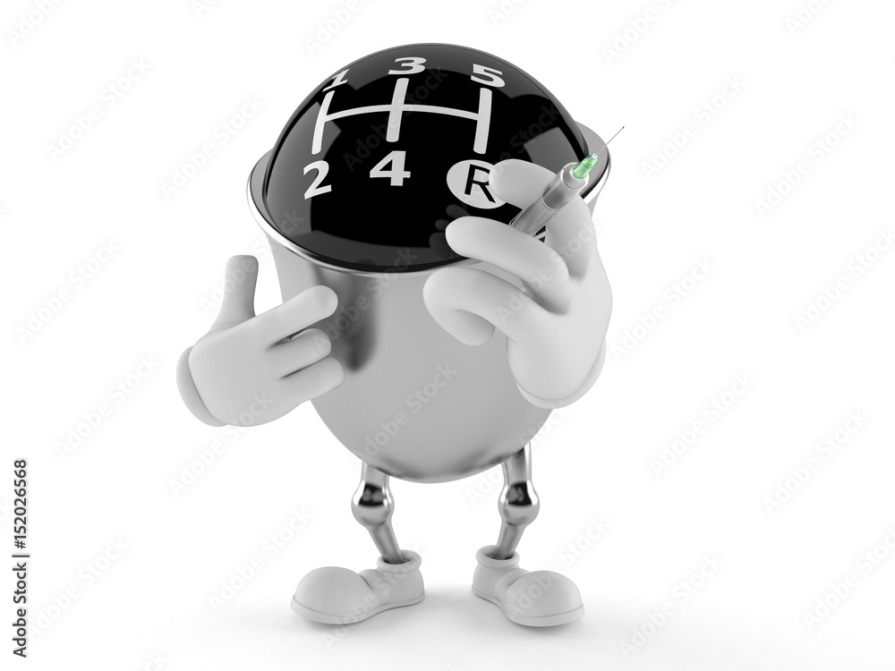 Fototapeta premium Gear knob character holding a syringe