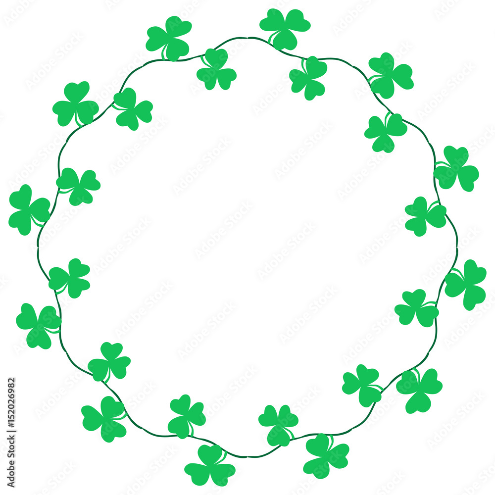 Clover border decoration for Saint Patrick’s Day. Shamrock leaf on vine vector illustration. 