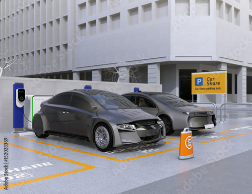 Autonomous vehicles in parking lot for sharing. Car sharing business concept. 3D rendering image.