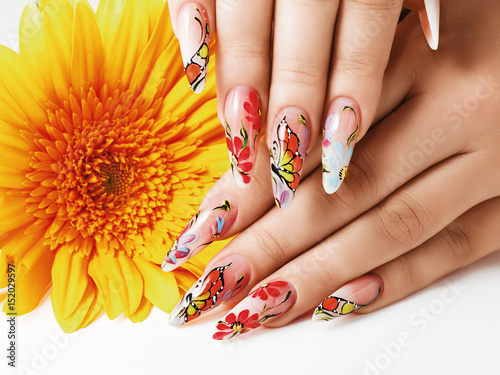 Female hands with summer art design on nails.