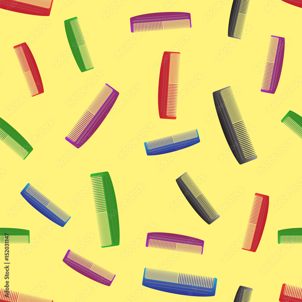 Colorful Plastic Combs Seamless Pattern on Yellow. Barber Supplies Background. Colorful Plastic Combs Seamless Pattern on Yellow. Barber Supplies Background.
