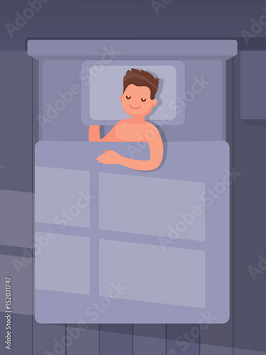 Man is sleeping in bed. Vector illustration in a flat style