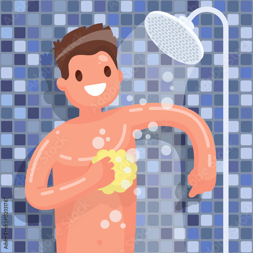 Man washes in the shower in the bathroom. Vector illustration in a flat style
