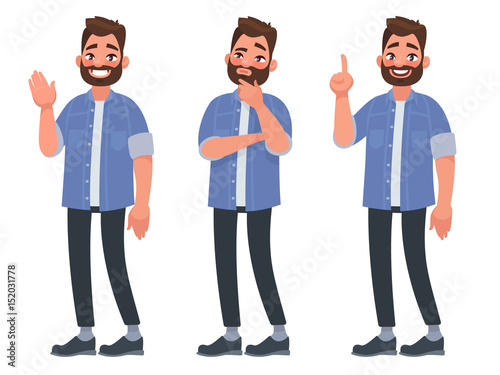 Set of character bearded man greets , thinks and finds a solution. Vector illustration in cartoon style