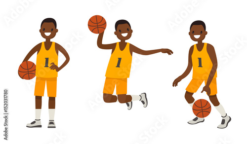 Fototapeta Naklejka Na Ścianę i Meble -  Set of an African American basketball player in various poses. Vector illustration