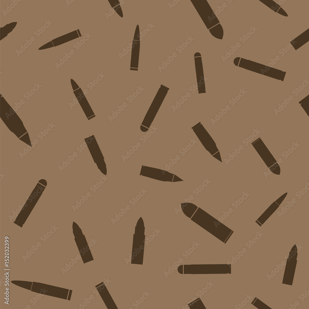 Weapon Random Seamless Pattern on Brown Background. Military Texture with Silhouettes of Cartridges