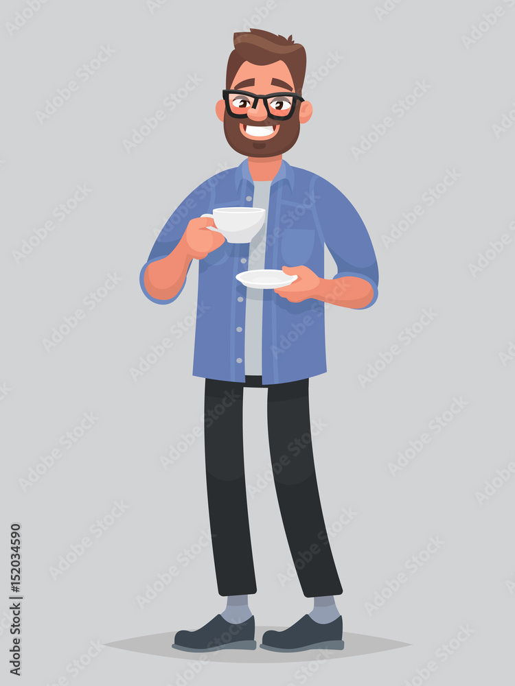 Bearded man is holding a cup of tea. Vector illustration in cartoon style Bearded man is holding a cup of tea. Vector illustration in cartoon style