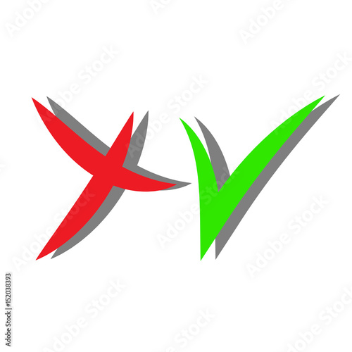 Check mark icons with shadow. Red and green color. Vector illustration