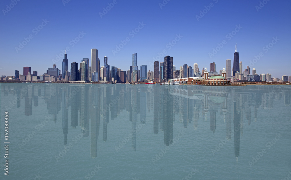 Skyline of Chicago city taken from the lake on a clear day