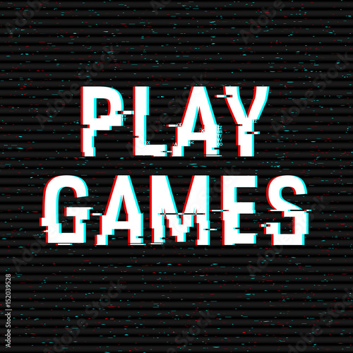 Play Games glitch text. Anaglyph 3D effect. Technological retro background. Vector illustration. Creative web template. Flyer, poster layout. Computer program, console screen, retro arcade