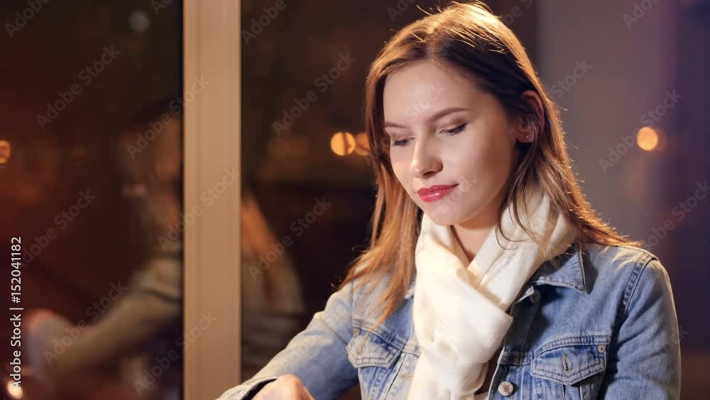 The portrait of the woman drinking coffee and dreaming. Slider. 4K. The portrait of the woman drinking coffee and dreaming. Slider. 4K.