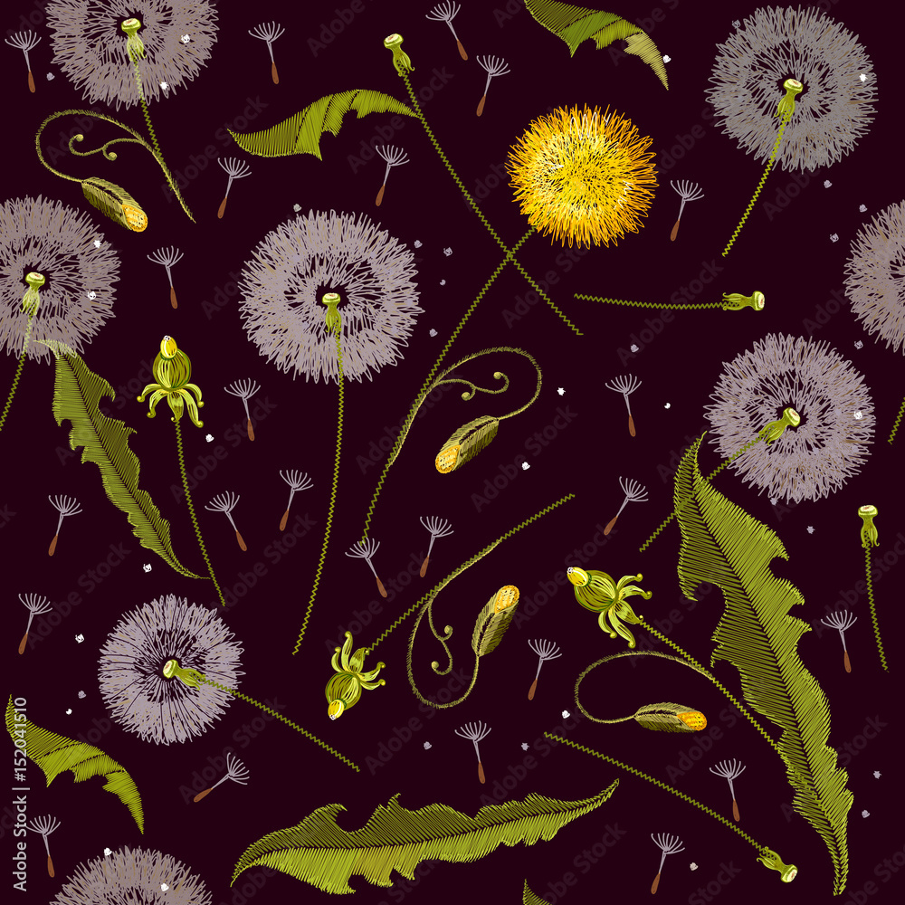 Fototapeta premium Dandelions embroidery seamless pattern. Beautiful dandelions classical embroidery seamless background, template for clothes and textiles