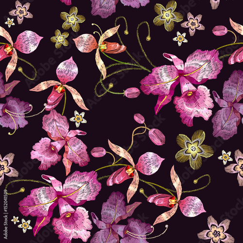Orchids embroidery seamless pattern. Beautiful tropical orchids paradise flower, classical embroidery template for clothes