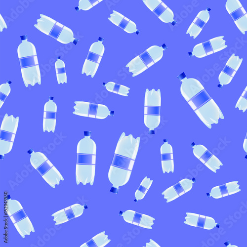 Plastic Water Bottles Seamless Pattern on Blue Background