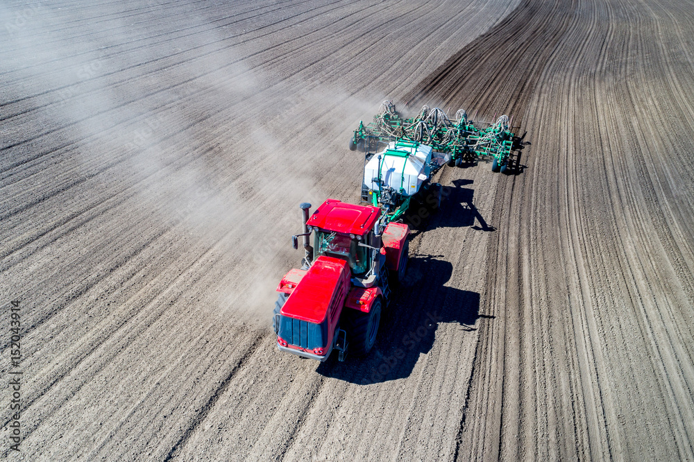 Fototapeta tractor sowing in the field