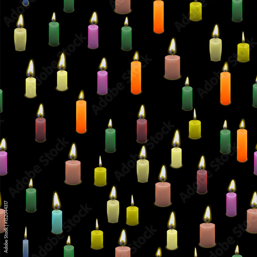 Colored Burning Wax Candles Seamless Pattern Isolated on Black Background