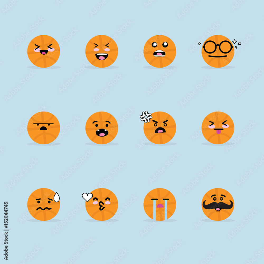 Smile emoji emoticon face in basketball with a lot of variation