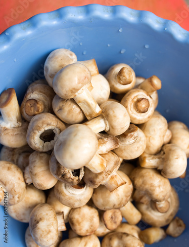 Clean fresh mushrooms in a blue cup