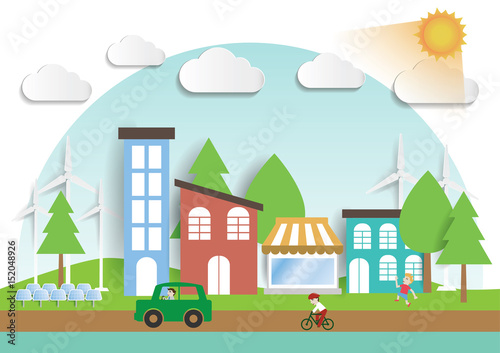 Fototapeta Naklejka Na Ścianę i Meble -  Infographic green ecology city and Renewable energy  friendly concept. Vector flat illustrations