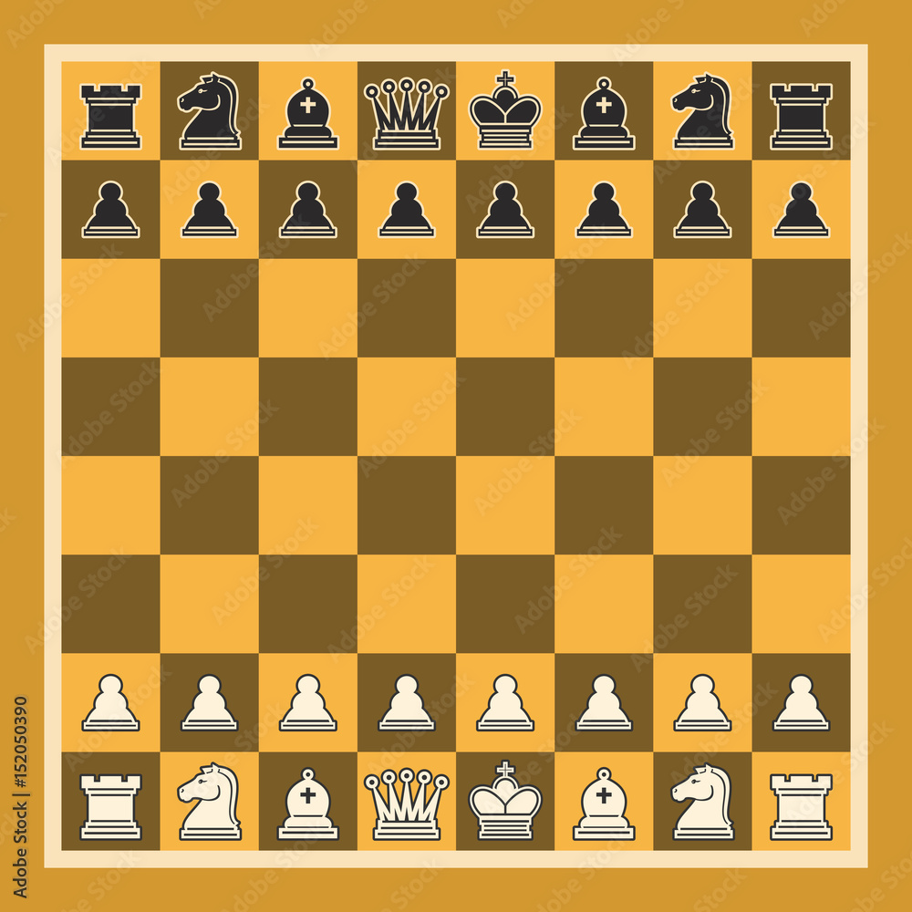 Vector illustration of Chess Board: set black and white isolated chess  pieces, chessboard of yellow and brown colors, professional simple chess  board, collection of chessman figures. vector de Stock | Adobe Stock