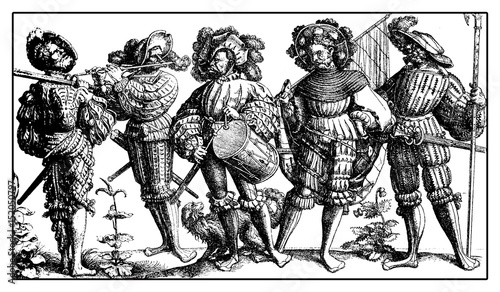 Obraz na plátně Lansquenet formidable and colorful mercenary soldiers on foot with drum,flute,we