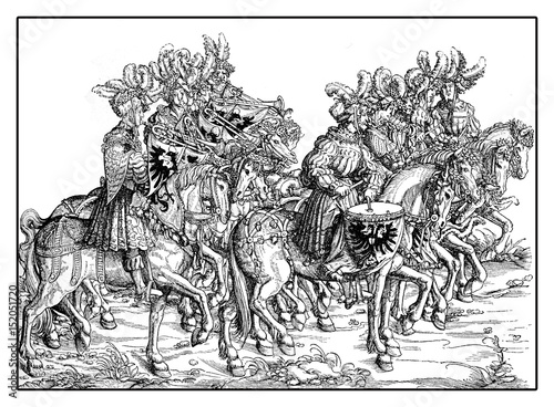 Horseback trumpeters and drummer in festive procession from Hans Burgkmair's Triumph of Maximilian I, woodcut print from XVI century