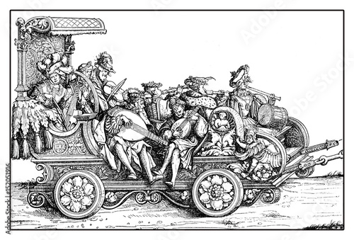 Tableau sur toile Chariot with minstrels and musicants playing on a decorated carriage in festive