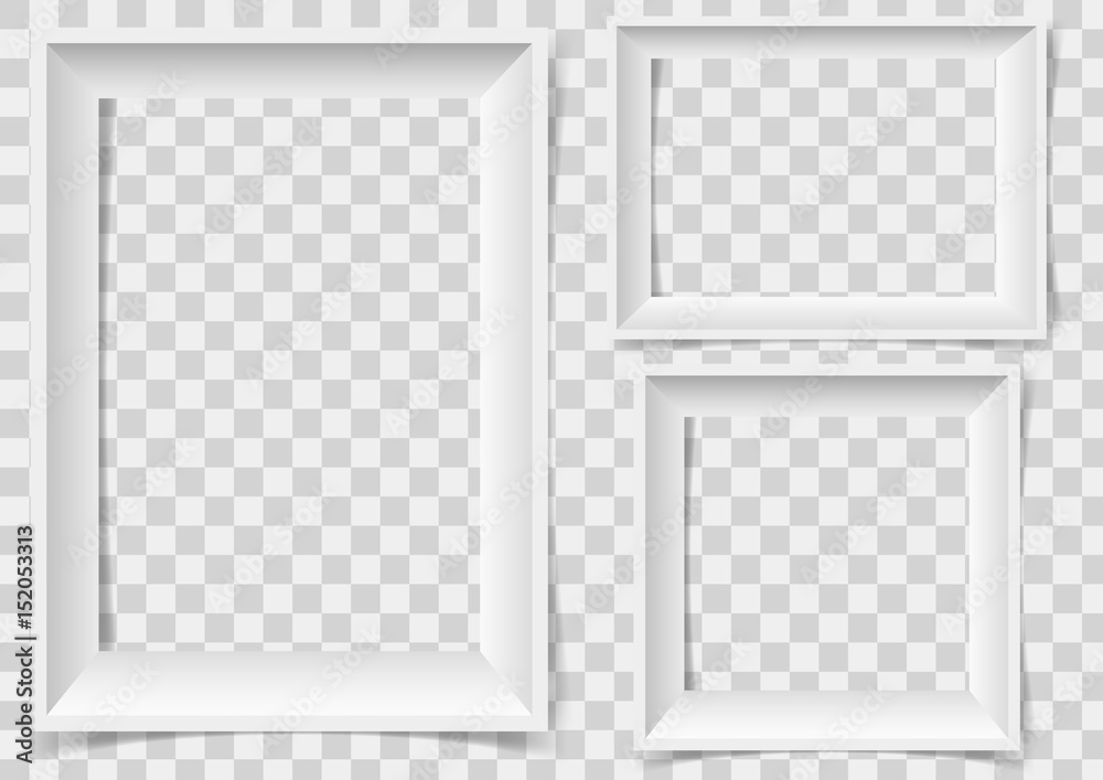 White picture frame with shadows isolated on vector transparent background.