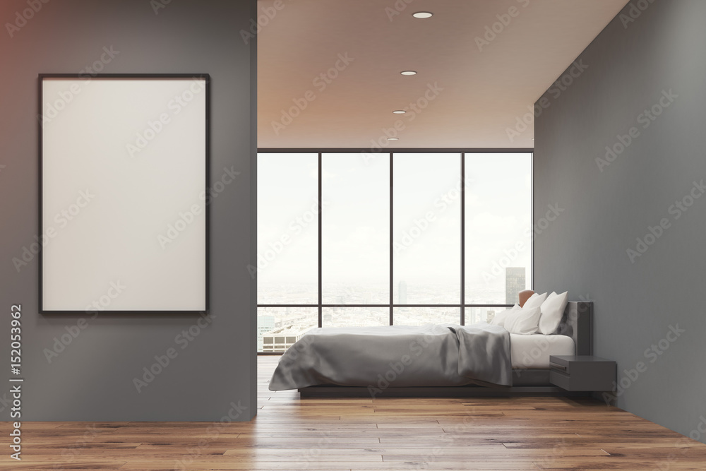 Gray bedroom with poster, side Gray bedroom with poster, side