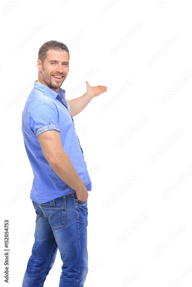 Young man presenting your product, isolated over a white backgro
