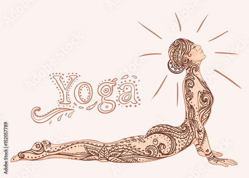 Young pretty girl doing yoga. Vintage decorative  illustration. Hand drawn background. Mehenidi ornate decorative style. Yoga studio  concept.