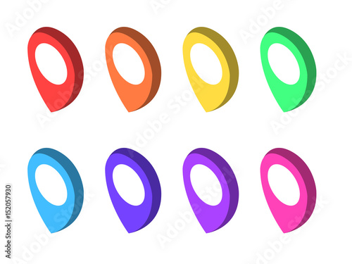 Isometric geolocation map markers isolated on white background. Set of navigation pointers in different colors. Position tags. Flat vector illustration.