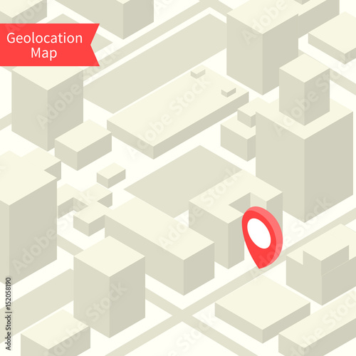 Geolocation map with buildings and roads. Minimalistic navigation map. Location with pin pointer. Isometric vector illustration of part some city or town.