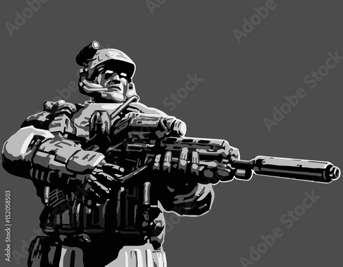 Night hunter with assault rifle. Vector illustration.
