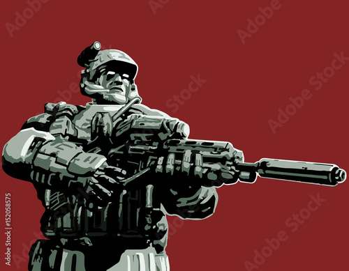 The soldier in the suit with a plasma rifle. Vector illustration.