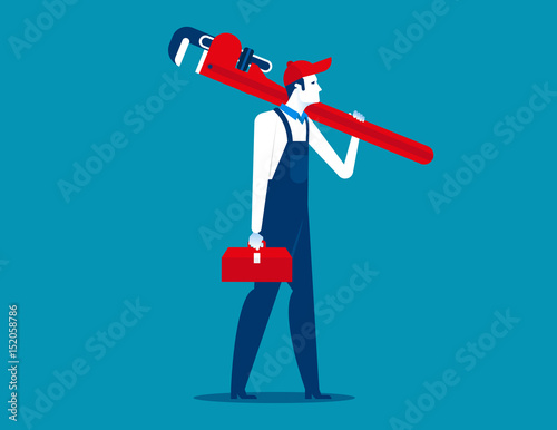 Man plumber and large wrench. Concept career illustration.