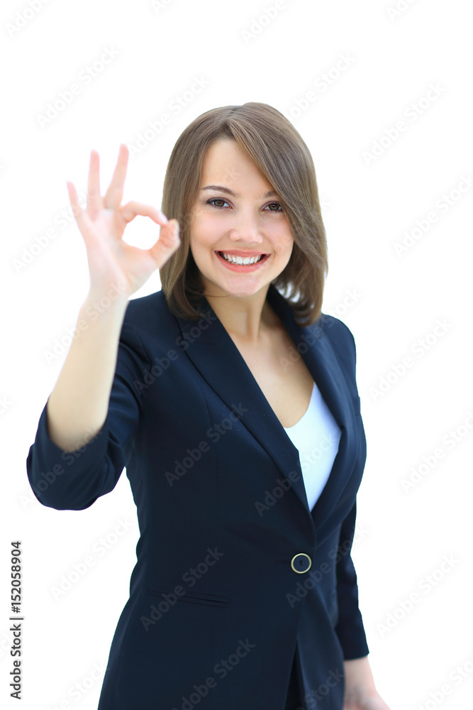 Portrait of happy smiling young cheerful businesswoman, showing Portrait of happy smiling young cheerful businesswoman, showing