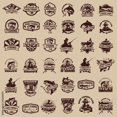 Big set of fishing icons. Carp fishing, trout fishing, bass fishing, pike fishing. Design elements for logo, label, emblem, sign. Vector illustration.