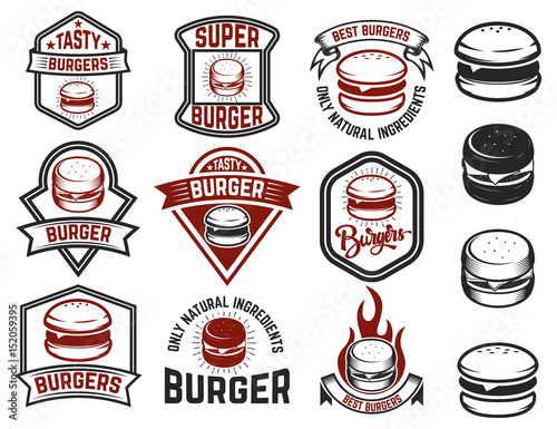 Set of burger labels. Design elements for logo  emblem  menu  sign  poster. Vector illustration