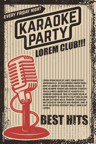 karaoke party poster. Vintage microphone on grunge background. Design element for poster, flyer. Vector illustration