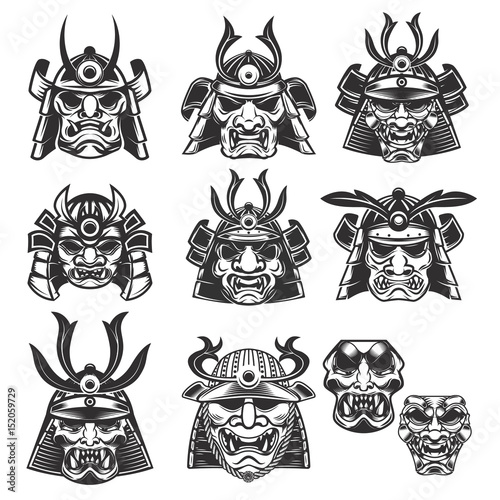 Set of samurai masks and helmets on white background. Design elements for logo, label, emblem, sign. Vector illustration