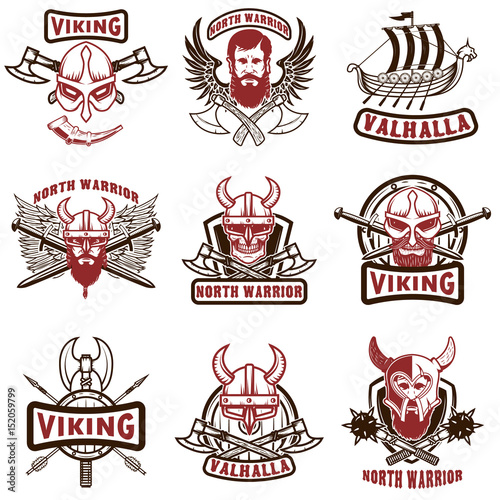 Set of vintage viking labels. Viking warrior in horned helmet, with beard, crossed axes, swords, shield. Design elements for logo, label, emblem, sign. Vector illustration