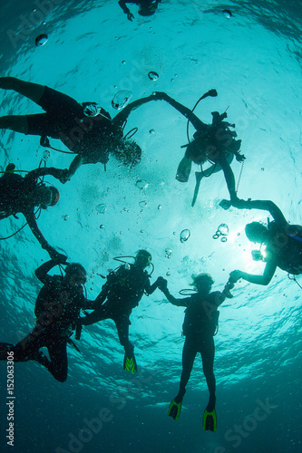 Group of Scuba Divers underwater silhouettes against sun